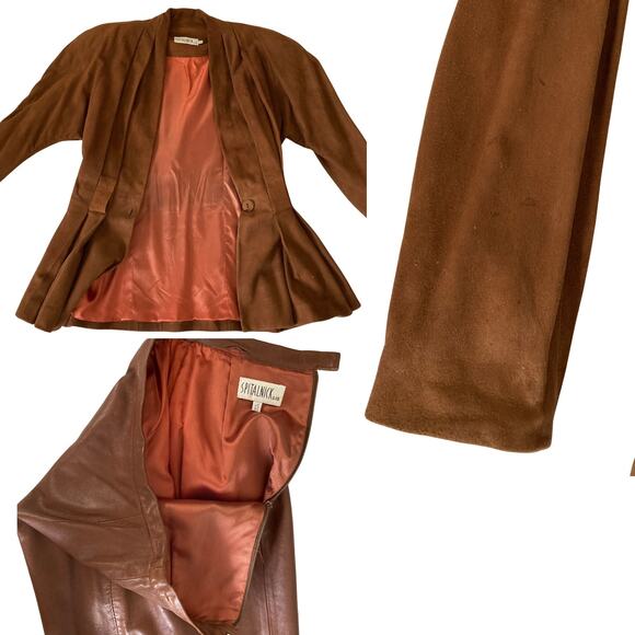 Vintage Spitalnick 1980s Brown Suede Peplum Blazer & Leather Skirt Suit RARE - Picture 8 of 10